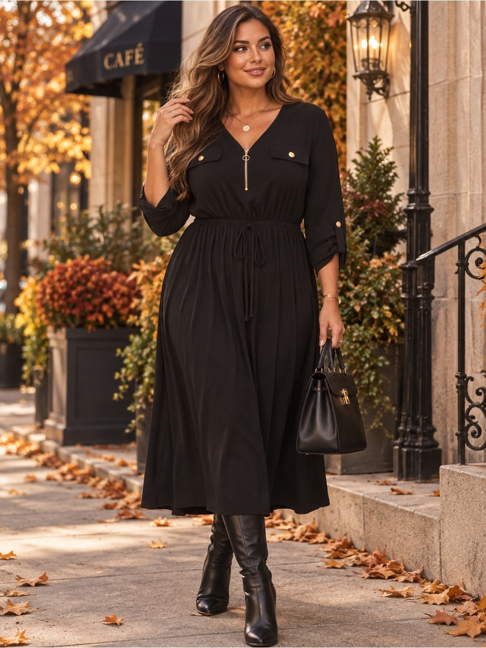 NWT Philosophy Size Large Black Zip Front Midi Dress with Gold Hardware